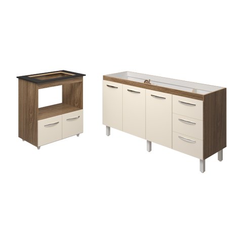 Cozinha Balcão Armário Gabinete de Pia 150 Cm Deise e Balcão Evelyn para Fogão Cooktop 4 Bocas Savan