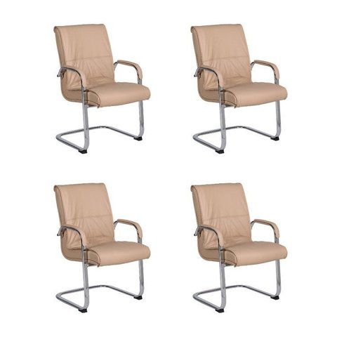 Kit com 4 Cadeiras Office Base Fixa em Aço Cromado e Couro Ecologico Austin Bege/Fendi