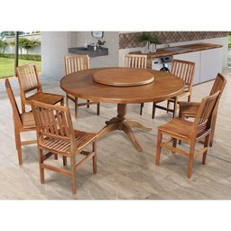 Mesa Jantar Redonda 1,60m Prato Giratório Amélia Madeira Maciça C/ 8 Cadeira Ripada Confort Castanho - 1