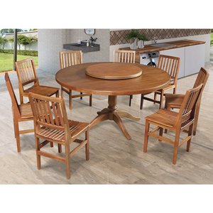 Mesa Jantar Redonda 1,60m Prato Giratório Amélia Madeira Maciça C/ 8 Cadeira Ripada Confort Castanho