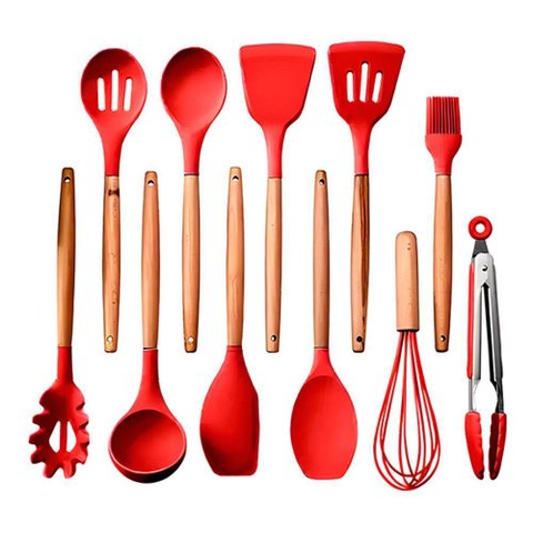 Kit Utensílios 12 Peças Silicone Madeira Antiaderente Resistente a 240 Graus C Vermelho Aquilae
