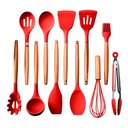 Ver imagem 1 de Kit Utensílios 12 Peças Silicone Madeira Antiaderente Resistente a 240 Graus C Vermelho Aquilae