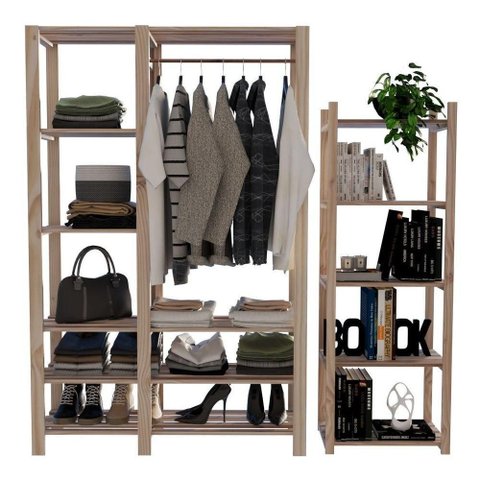 Arara para Roupas Acabamento Madeira Pinus e Sapateira para Sapatos e Objetos