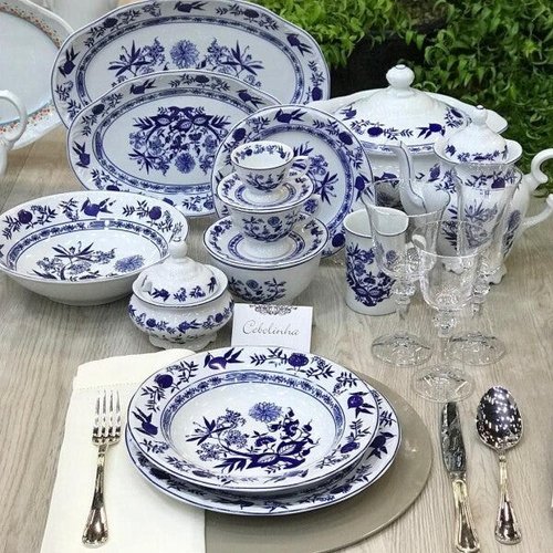 Jogo Aparelho De Jantar Porcelana Floral Azul - Kit 42 Pçs