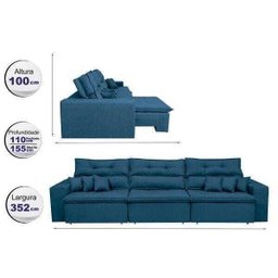 Sofá Cairo 3,52M Retrátil e Reclinável Molas No Assento e 6 Almofadas Tecido Suede Azul - 2