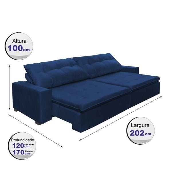 Sofá Retrátil e Reclinável Oklahoma 2,02M Molas e Pillow No Assento Tecido Suede Azul - 2