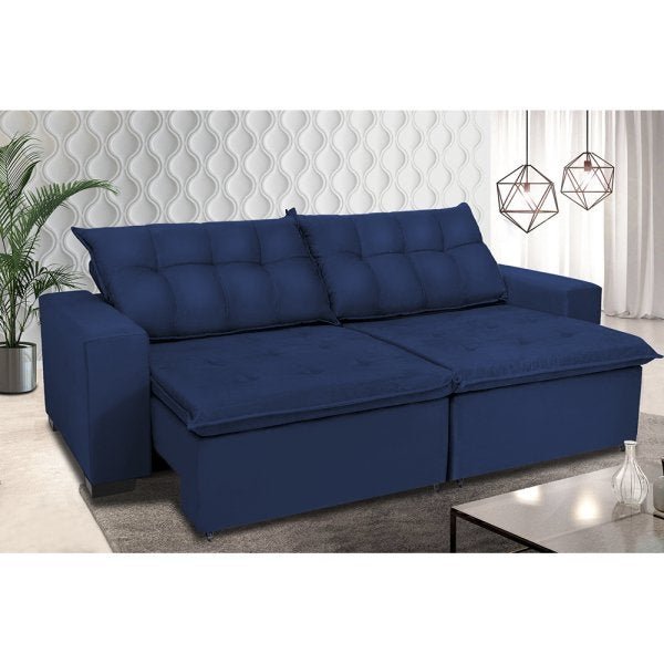 Sofá Retrátil e Reclinável Oklahoma 2,02M Molas e Pillow No Assento Tecido Suede Azul - 1