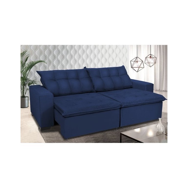 Sofá Retrátil e Reclinável Oklahoma 2,02M Molas e Pillow No Assento Tecido Suede Azul