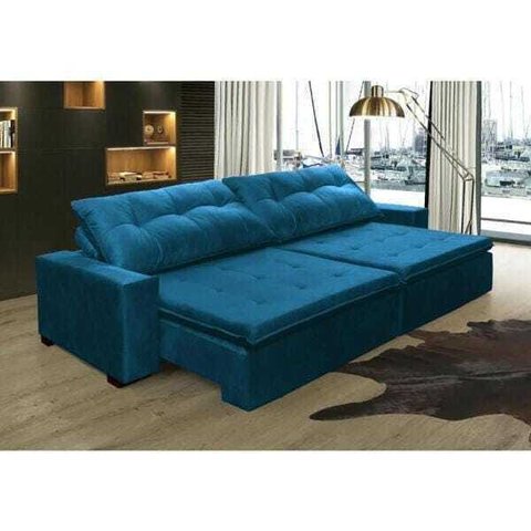 Sofá Retrátil e Reclinável Oklahoma 2,32M Molas e Pillow No Assento Tecido Suede Azul