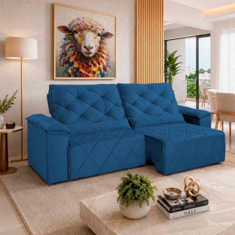 Sofá com Chaise Sirius 2 Lugares Retrátil e Reclinável 290cm Azul