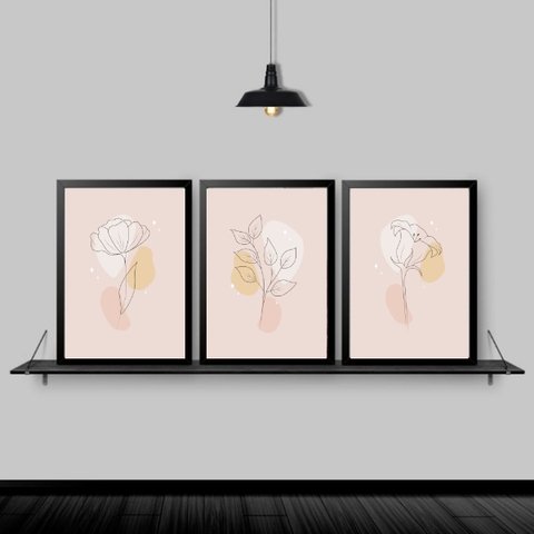 Kit 3 Quadros Suaves Rosinhas Minimalistas 33x24cm:Madeira preta