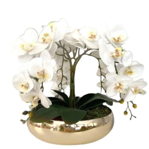 Arranjo Luxo 4 Flores de Orquídeas Real Branca Vaso Espelho
