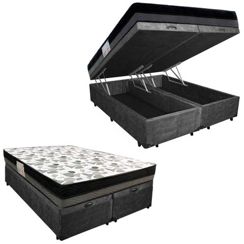 Cama Box Baú Casal Suede Bipartido + Colchão Ortobom Iso Dupla Face 60x138x188 Preto