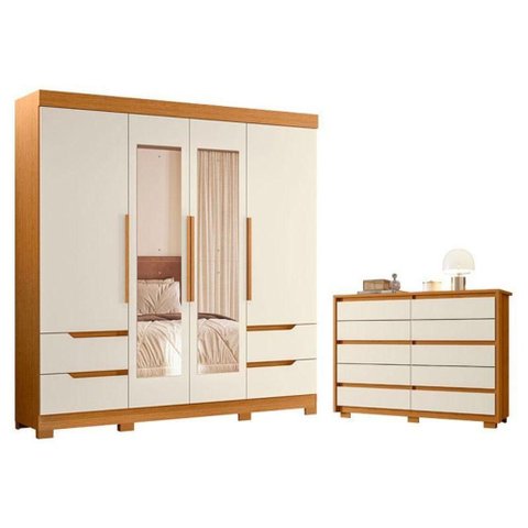 Guarda Roupa Solteiro com Cômoda Vivacce 4 Portas de Bater com Espelho e 10 Gavetas MDP Cinamomo