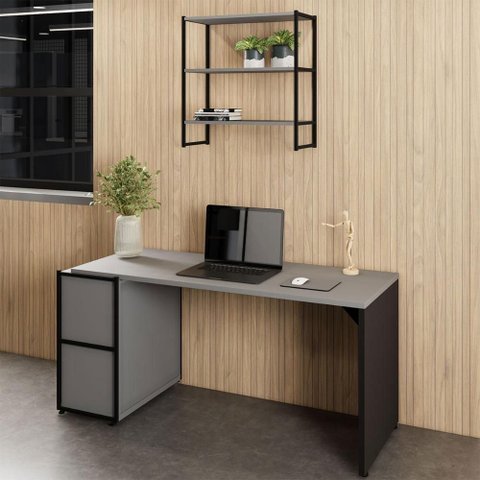 Mesa Escritório 150cm com Nicho Aéreo Industrial F5 Office Cor:cinza Sagrado com Preto