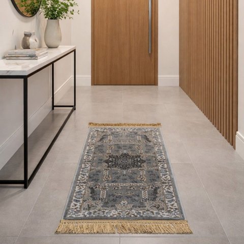 Tapete Persa Royal Cinza 50x85cm Fio Acetinado - Decoração para Quarto e Sala