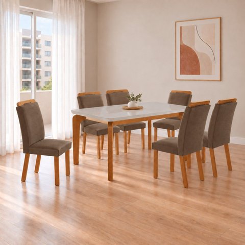 Conjunto de Mesa de Jantar Dublin 180 Tp MDF Vidro Canto Copo 6 Cadeiras Mariana