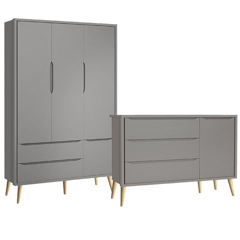 Guarda Roupa 3 Portas e Cômoda com Porta Theo Cinza Fosco Pés Madeira Natural - Reller Móveis
