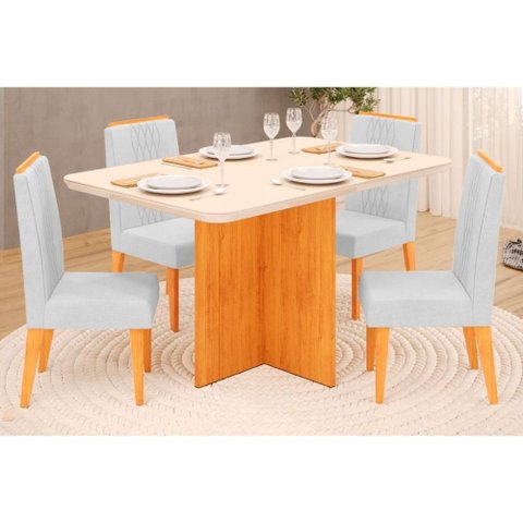Conjunto: Mesa Sala Jantar Hera Tampo Madeirado C/ Vidro Reto 120x90cm e 4 Cadeiras Lia Cedro/off
