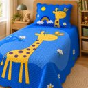 Ver imagem 4 de Kit Cobre Leito Infantil Solteiro Aquarela 2 Peças Colcha Estampado Girafinhas Azul