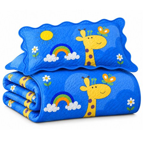 Kit Cobre Leito Infantil Solteiro Aquarela 2 Peças Colcha Estampado Girafinhas Azul