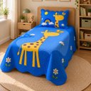 Ver imagem 2 de Kit Cobre Leito Infantil Solteiro Aquarela 2 Peças Colcha Estampado Girafinhas Azul