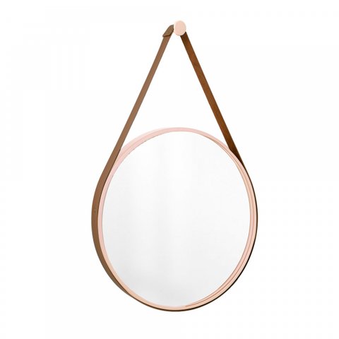 Espelho Decorativo Adnet Rosa Alça Corino Café 40cm Redondo
