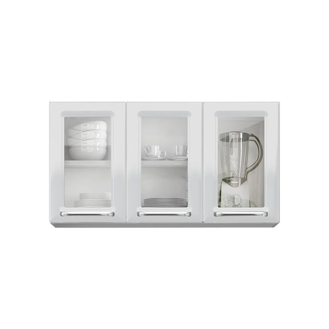Armário Aéreo de Cozinha Branco 105cm 3 Portas com Vidro Luce