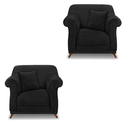 Kit 2 Poltronas Para Sala de Estar Vênus Suede Pés Castanho - Pallazio - Preto