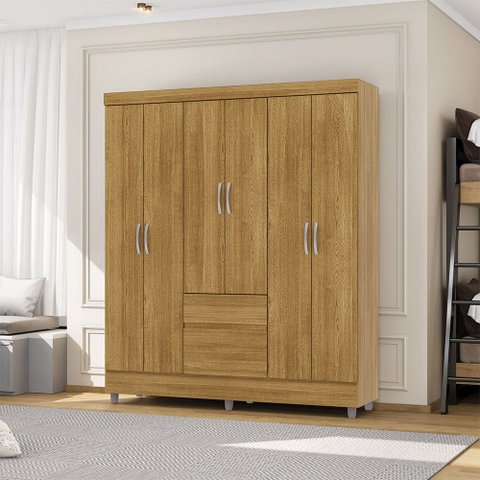 Guarda Roupa Casal Abruzzo 6 Portas de Bater 2 Gavetas com Cabideiro Nature G98 - Gran Belo
