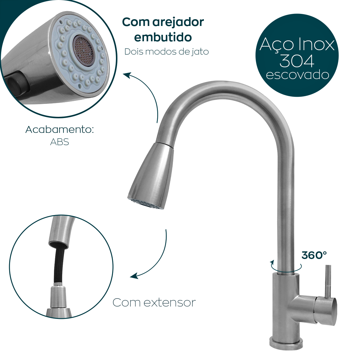 Torneira gourmet cozinha inox escovado monocomando alta de bancada ducha extensível misturador Pia - 3