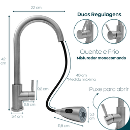 Torneira gourmet cozinha inox escovado monocomando alta de bancada ducha extensível misturador Pia - 4