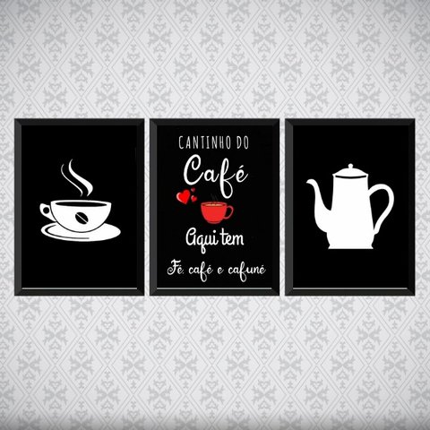 Kit 3 Quadros Para Cantinho Do Café 33x24cm - com vidro:Madeira preta