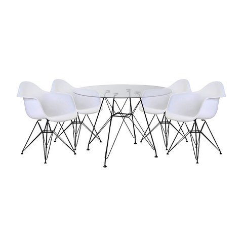 Mesa de Jantar Vidro Redonda 90cm Eames Eiffel com 4 Poltronas Brancas Ferro Preto