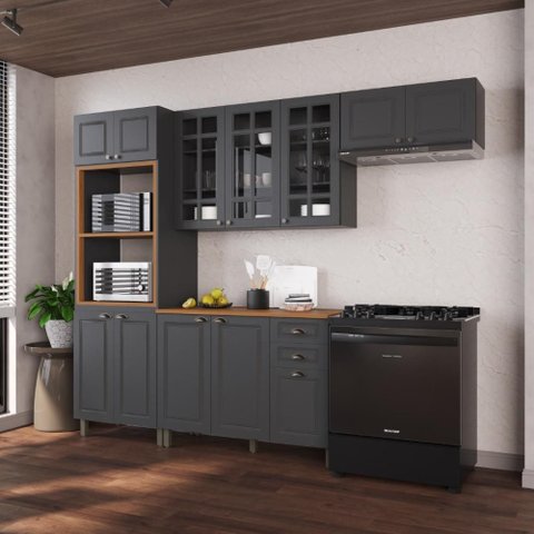 Armário de Cozinha Modulada Compacta Fidelitá Nara 100% MDF 4 Peças 270cm 12 Portas 2 Gavetas com