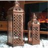 Conjunto 2 Lanterna Marroquina Metal Vidro Cobre + Velas Led - 9