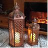 Conjunto 2 Lanterna Marroquina Metal Vidro Cobre + Velas Led - 10