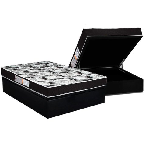 Conjunto Box Baú Casal: Colchão Molas Luckspuma D33 Supreme Pró Saúde Black + Base Crc Suede