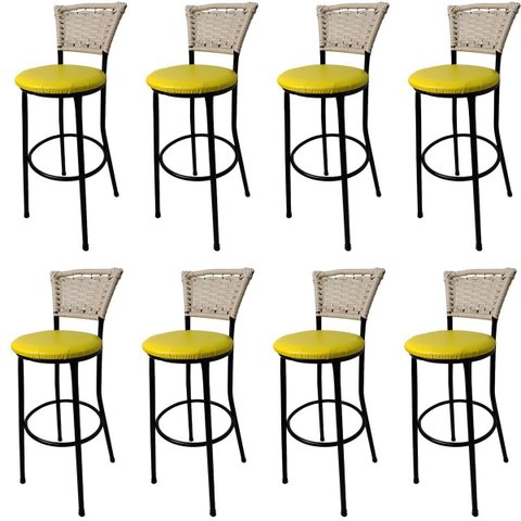 Kit 8 Banquetas Bistrô Aço Junco Marfim Assento Amarelo