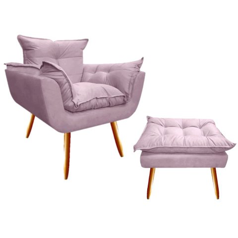Kit Poltrona + Puff Decorativo Opala Suede Rosê Pés Madeira Mz Decor