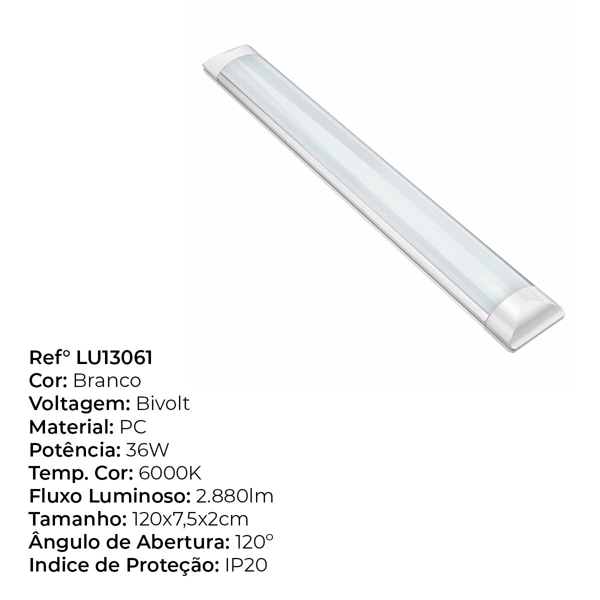 2 Lâmpada Flat Retangular 36w 120cm 6000k Led Sobrepor Bivolt - 8