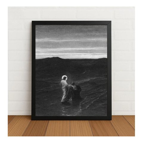 Quadro Religioso Jesus Salvando Pedro 33x24cm com Vidro