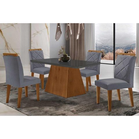 Sala de Jantar Completa Luna Tampo Madeirado C/ Vidro Curvo 120x80 e 4 Cadeiras Melissa Imbuia -