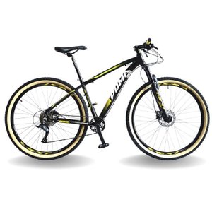 BICICLETA 29 PUMABIKE LINCE 9V STEEZ, FREIO HID, K7, SUSP TRAVA GUIDÃO, PRETO COM BRANCO E AMARELO, 