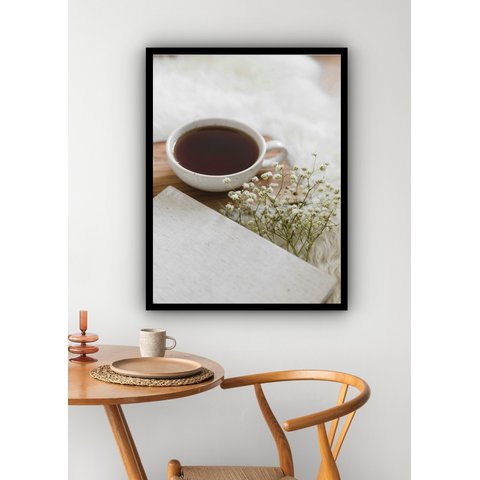 Quadro Decorativo Xícara Café Raminho - 70x50cm:moldura Preta