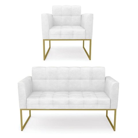 Kit 1 Sofá Namoradeira e 1 Poltrona Elisa Corano Branco Base Metálica Industrial Dourado - D'Rossi