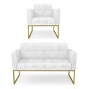 Ver imagem 1 de Kit 1 Sofá Namoradeira e 1 Poltrona Elisa Corano Branco Base Metálica Industrial Dourado - D'Rossi