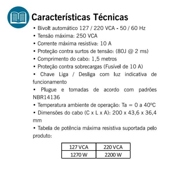 Protetor De Linha 4 Tomadas Branco Cabo 1,5m Bivolt Exatron - 3