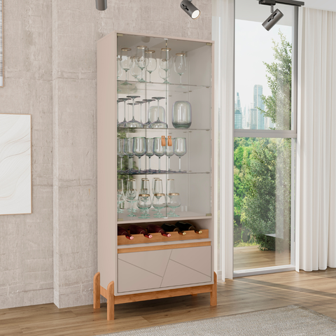 Cristaleira 2 Portas de Vidro com Puxador em Couro Sala de Jantar Off White / Cedro