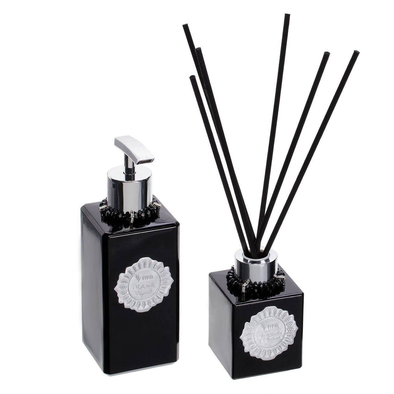 Kit Lavabo 2 produtos vidros pretos enfeites prateados - Fragrância: Sweet Home Le Lis - 1